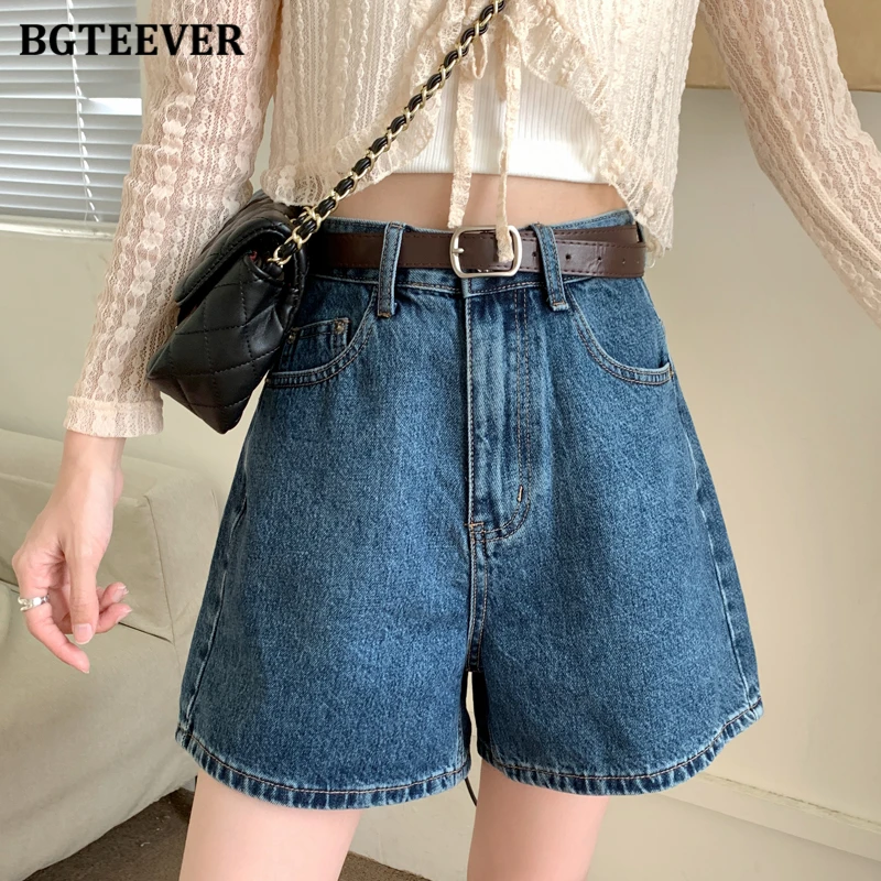 BGTEEVER Summer High Waist Button Female Denim Shorts Casual Loose Pockets Wide Leg Jeans Shorts for Women