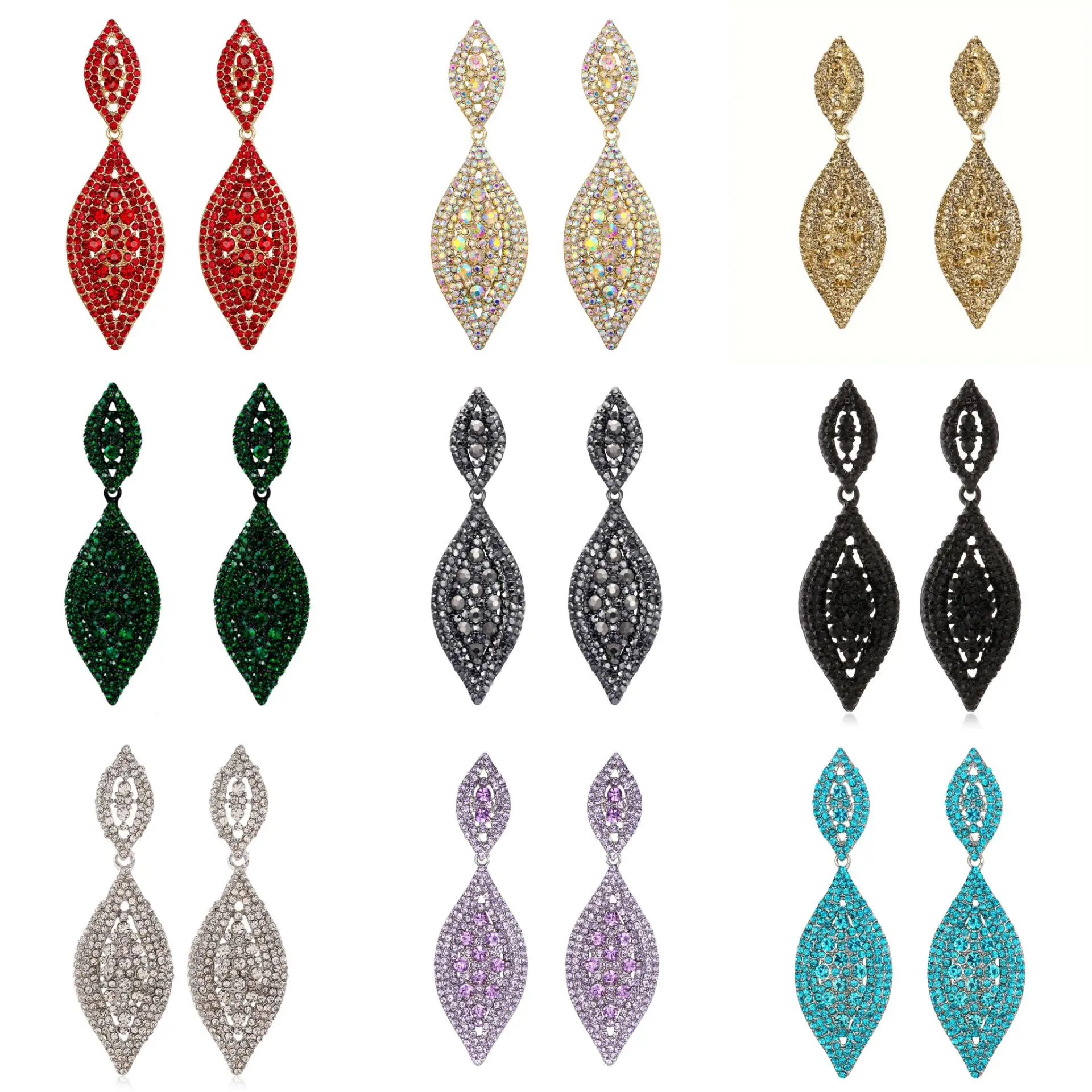 

European and AmericanFashion Full Diamond Alloy Gold-Plated Earrings For Women Multicolor Rhinestone 0ptional Earrings