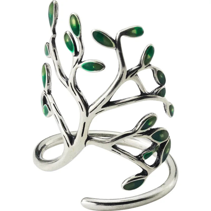 Buyee 925 Sterling Silver Big Ring Finger Green Leaf Twig Sweet Cute Open Ring for Woman Girl Fashion Party Fine Jewelry Circle