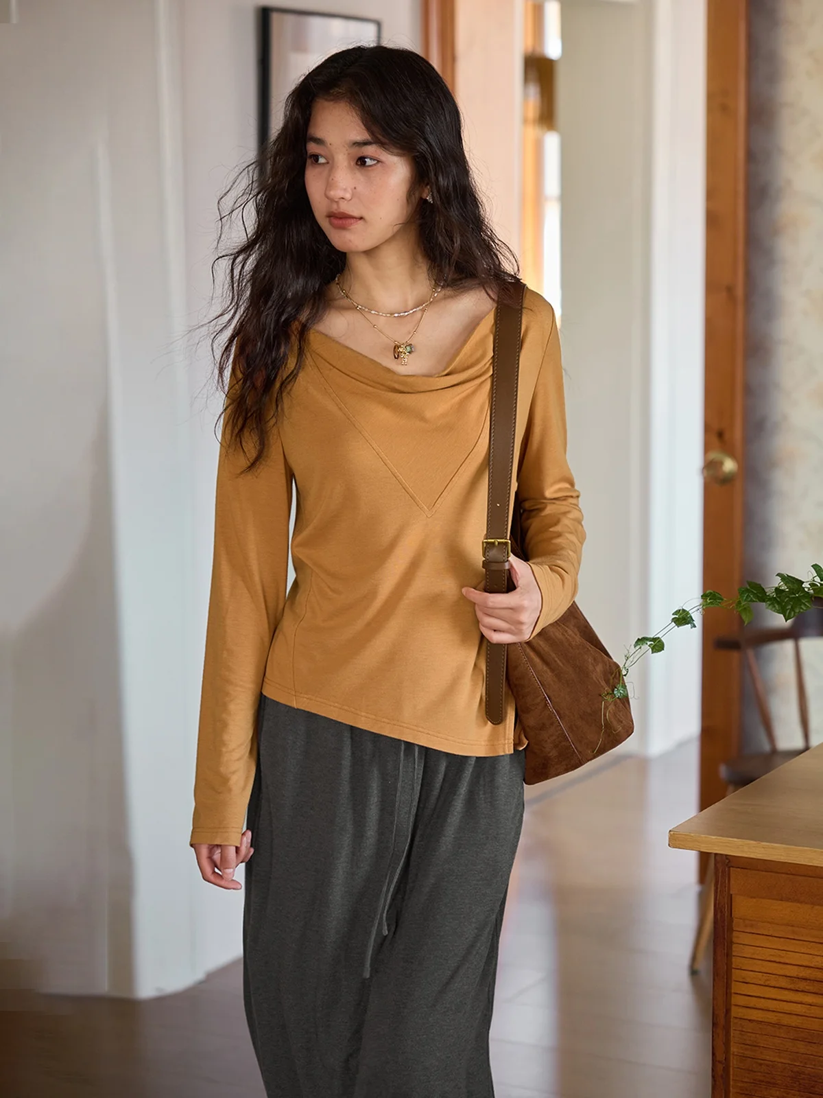 

Solighter Modal Camere Long Sve Knitted T-irt Women's Autumn New Sle Base Layer irt Vintage Commute Sle Pure Color