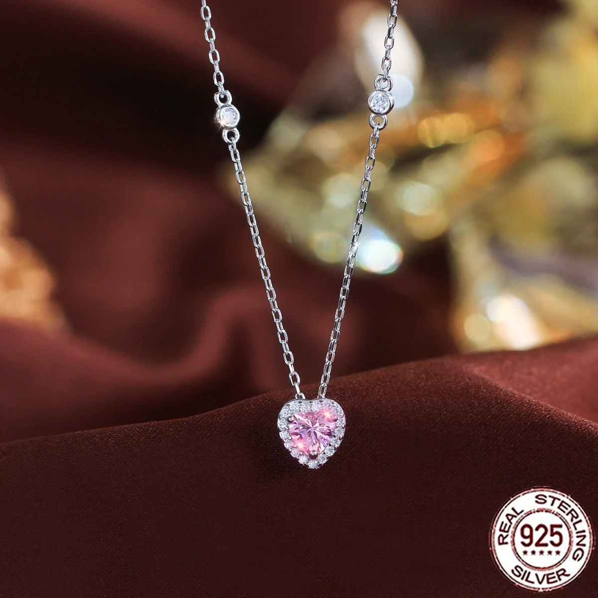 QooLady 925 Sterling Silber Rosa Herzschliff Zirkonia Halo-Fassung Anhänger Halskette Edler Schmuck für Frauen Valentinstagsgeschenk SD091 – Detail 6