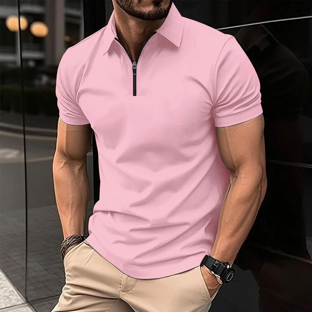 European-american ins cross-border 2024 summer men's fashion casual lapel zipper solid color sports breathable POLO shirt Polo s