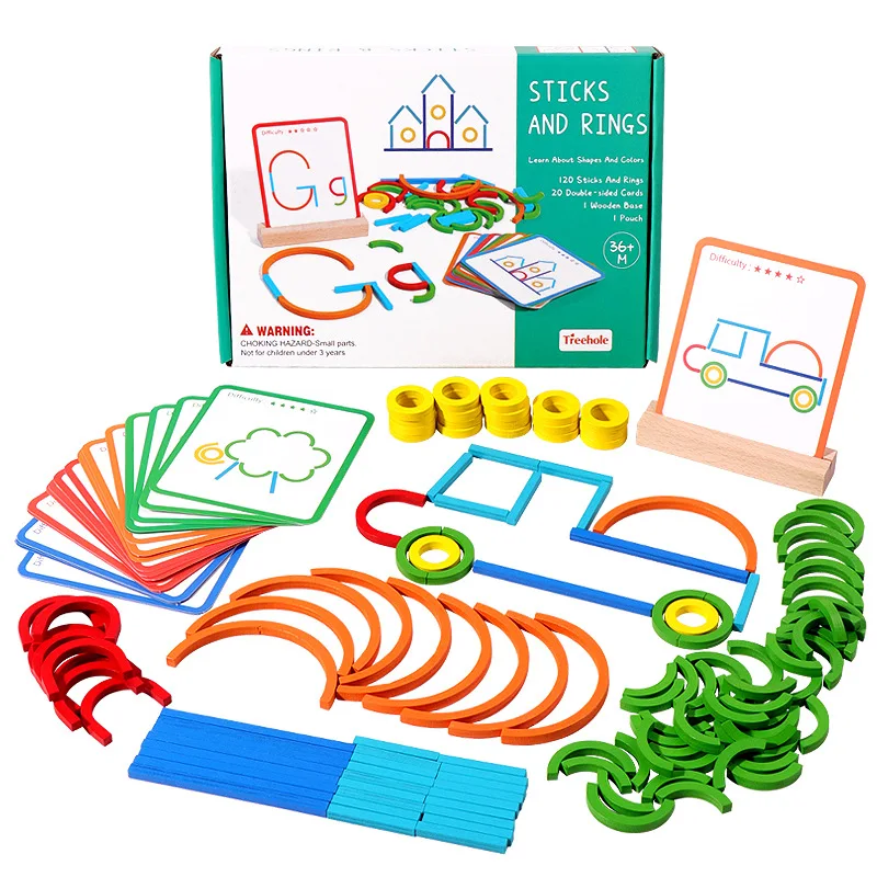 Jeu d'Intelligence Montessori en Bois avec Bâtons et Anneaux Créatifs, Puzzle pour Enfant de 3 Ans