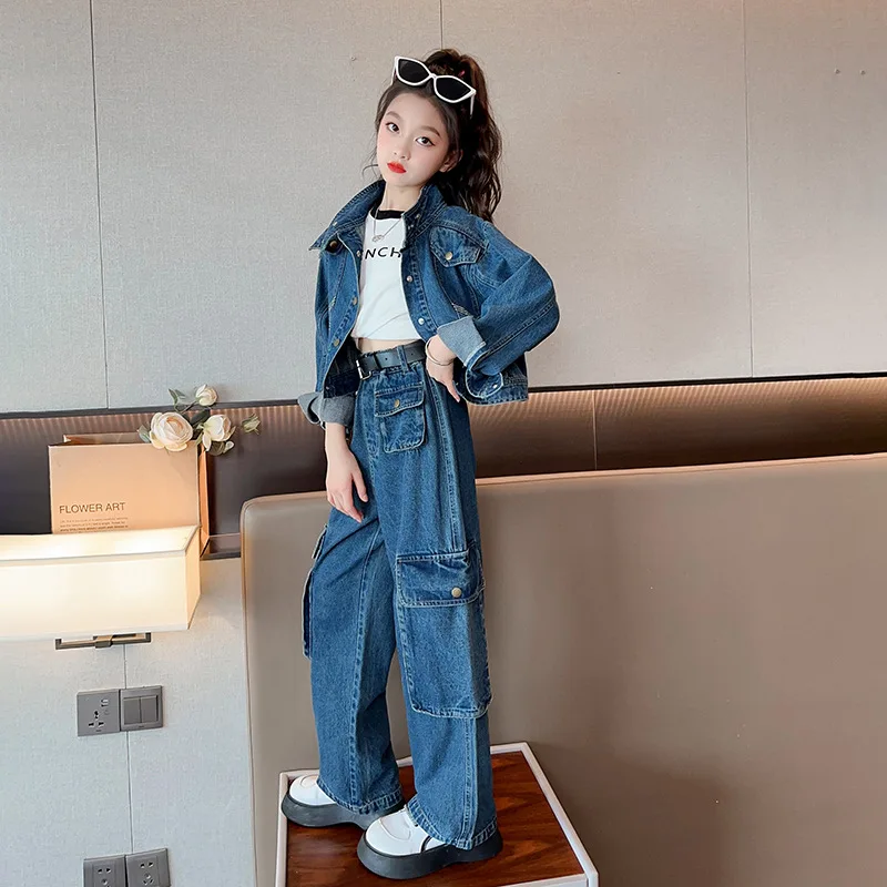 

teenager girls denim clothes Set Autumn Fashion Jean jacket+Work jeans Two 4-15 Piece kids suit Children outfit casual clothing