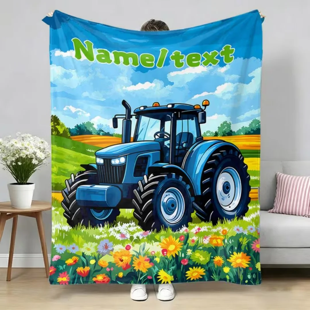 Personalized Cartoon Floral Tractor Name Text Blanket, Soft Warm Digitally Printed Lightweight Flannel Throw for Sofa Bed Campin