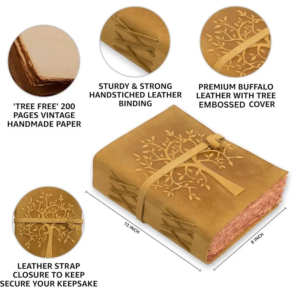 Antique Deckle-Edged Handmade Paper Journal, 13x8 inches, Sun Tan Leather Bound, for Shadow Books