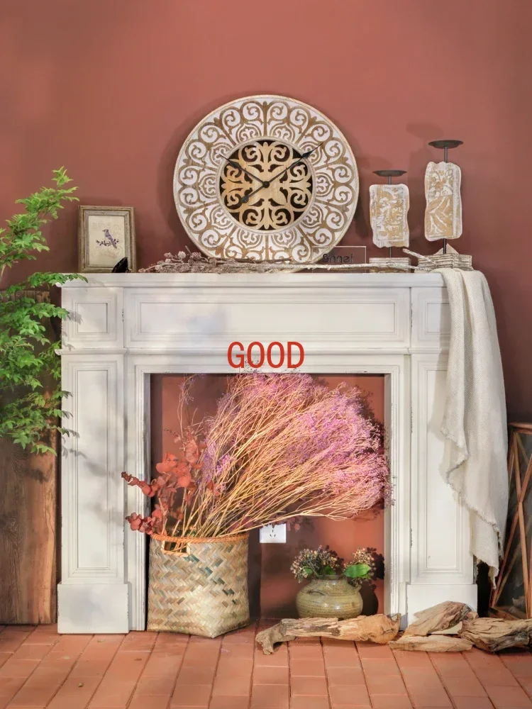 

Solid wood relief fireplace frame decoration European style villa homestay creative retro storage rack