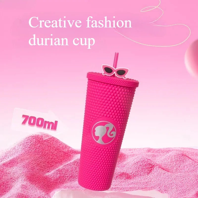 

MINISO Barbie Straw Cup 700ml Pink Durian Design Tumbler with Lid Portable Water Bottle