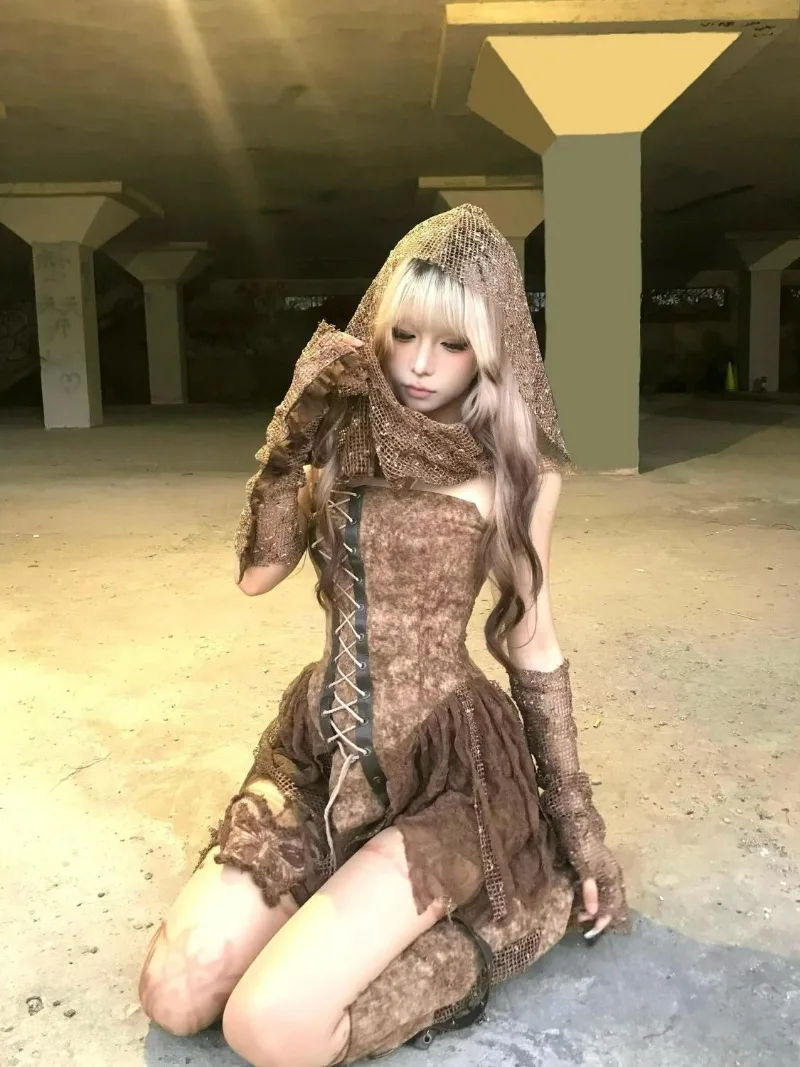 القوطية Harajuku Y2k فتاة حار ريترو خمر التعادل صبغ غير النظامية الدانتيل يصل حمالة + شورت + شال الحجاب مجموعة Y2k 3 قطعة مجموعات