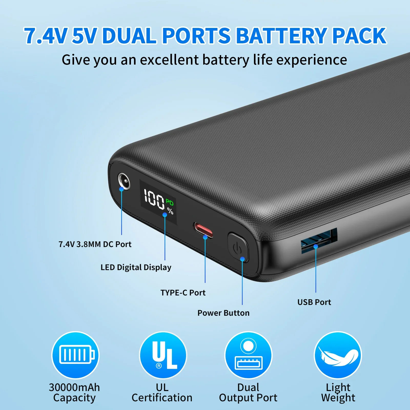 Portable Power Bank 30000mAh Large Capacity  Equipped with USB/DC Interfaces LED Display Light Weight For Phone Heating Clothing