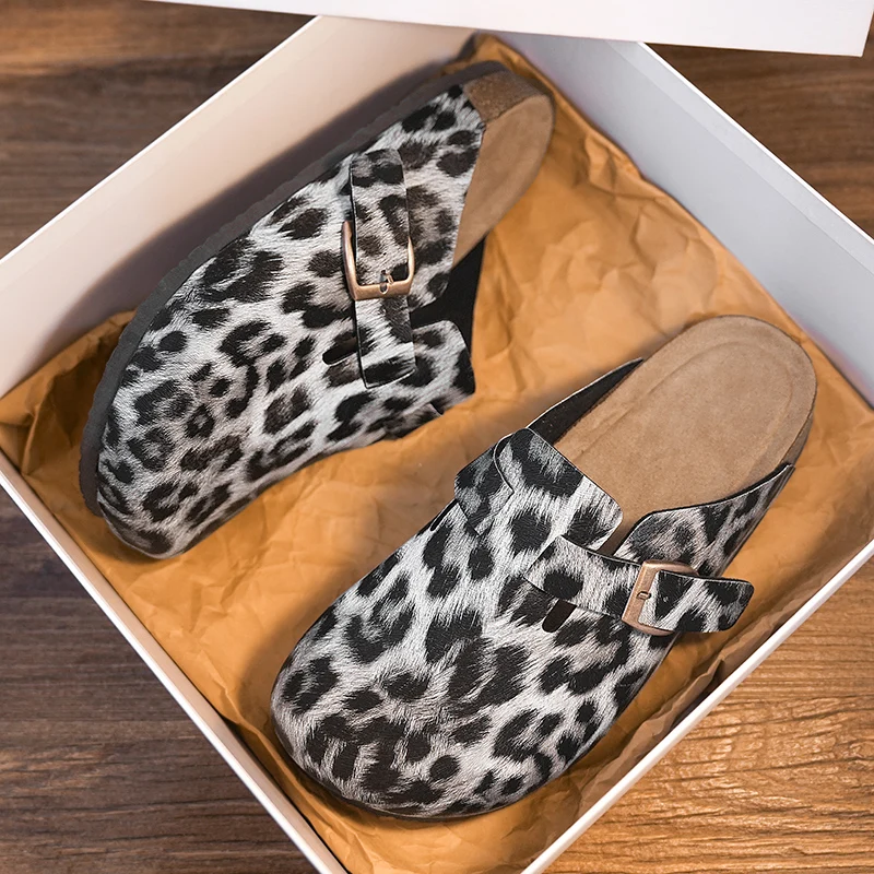 Unisex Leopard Print Cork Slippers Slip On Backless Clogs Comfort Footbed Indoor Outdoor Sandals For Men Women
