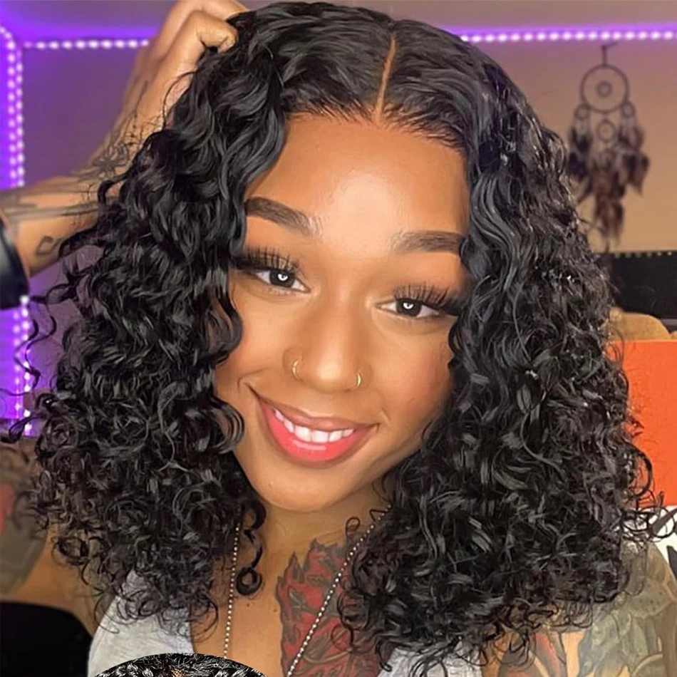 12AGlueless Water Wave 13x4 Frontal Wigs Human Hair Bob Wig PrePlucked 4x4 Deep Lace Closure Wig 180Density Ready To Wear OnSale