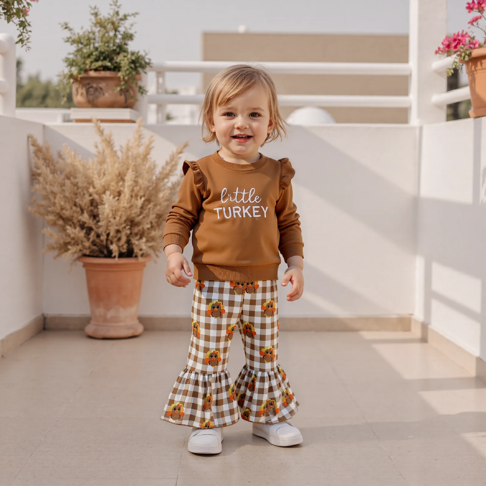 أطقم ملابس لعيد الشكر للفتيات الصغيرات من عمر 1 إلى 5 سنوات من FOCUSNORM سترة بأكمام طويلة مطبوعة بحروف وسراويل منقوشة تركيا مضيئة #5