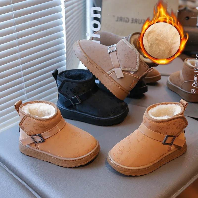 

Children's Snow Boots 2025 Winter New Girls Boy Warm Plush Non-slip Fashion Cotton Boots Kids Platform Buckle Strap Casual Shoes