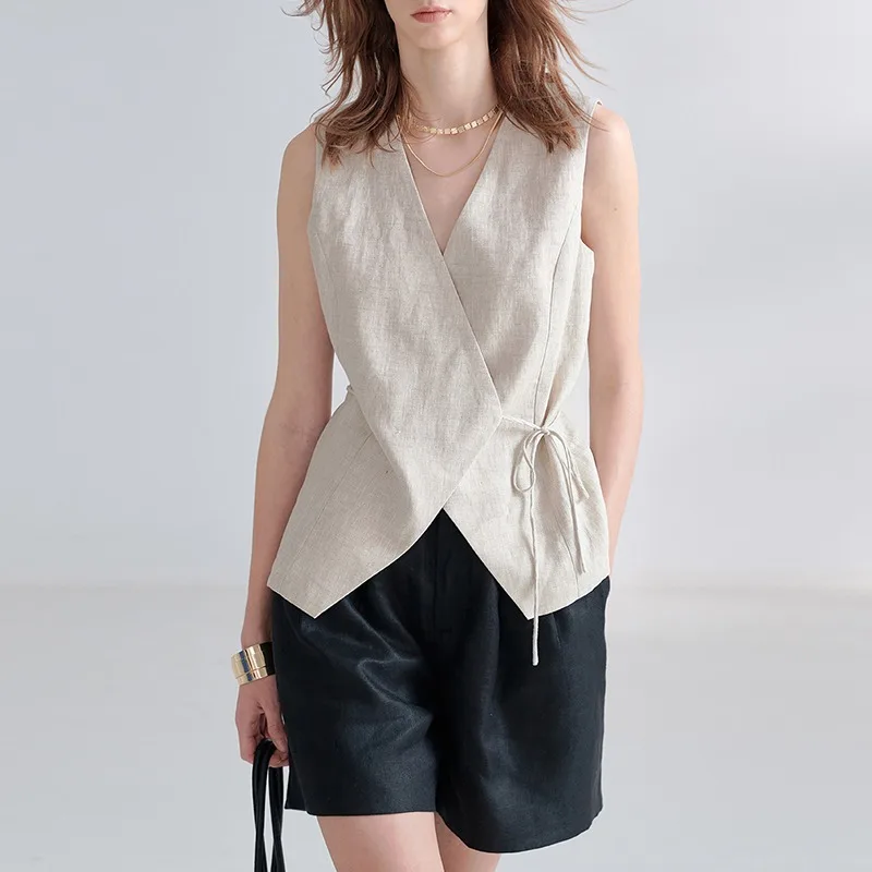 100% Linen V-Neck Vest Women's Tank Top French Vintage Lace-up Top Casual Sleeveless Office Ladies Waist-Cinched Linen Tops