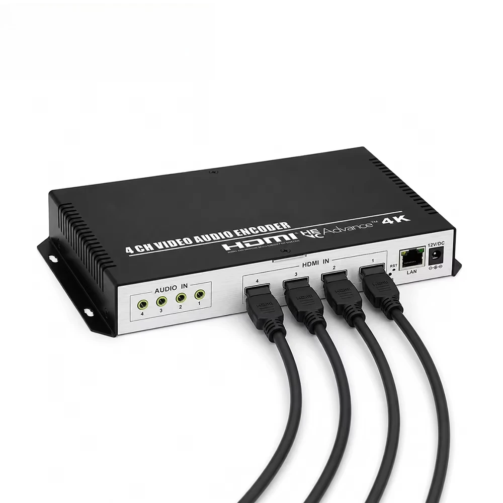 Профессиональный 4-канальный HEVC H.265 HDMI-IP энкодер с поддержкой 4K SRT RTMP RTMPS ONVIF и OLED-экраном для многоплатформенной прямой трансляции.