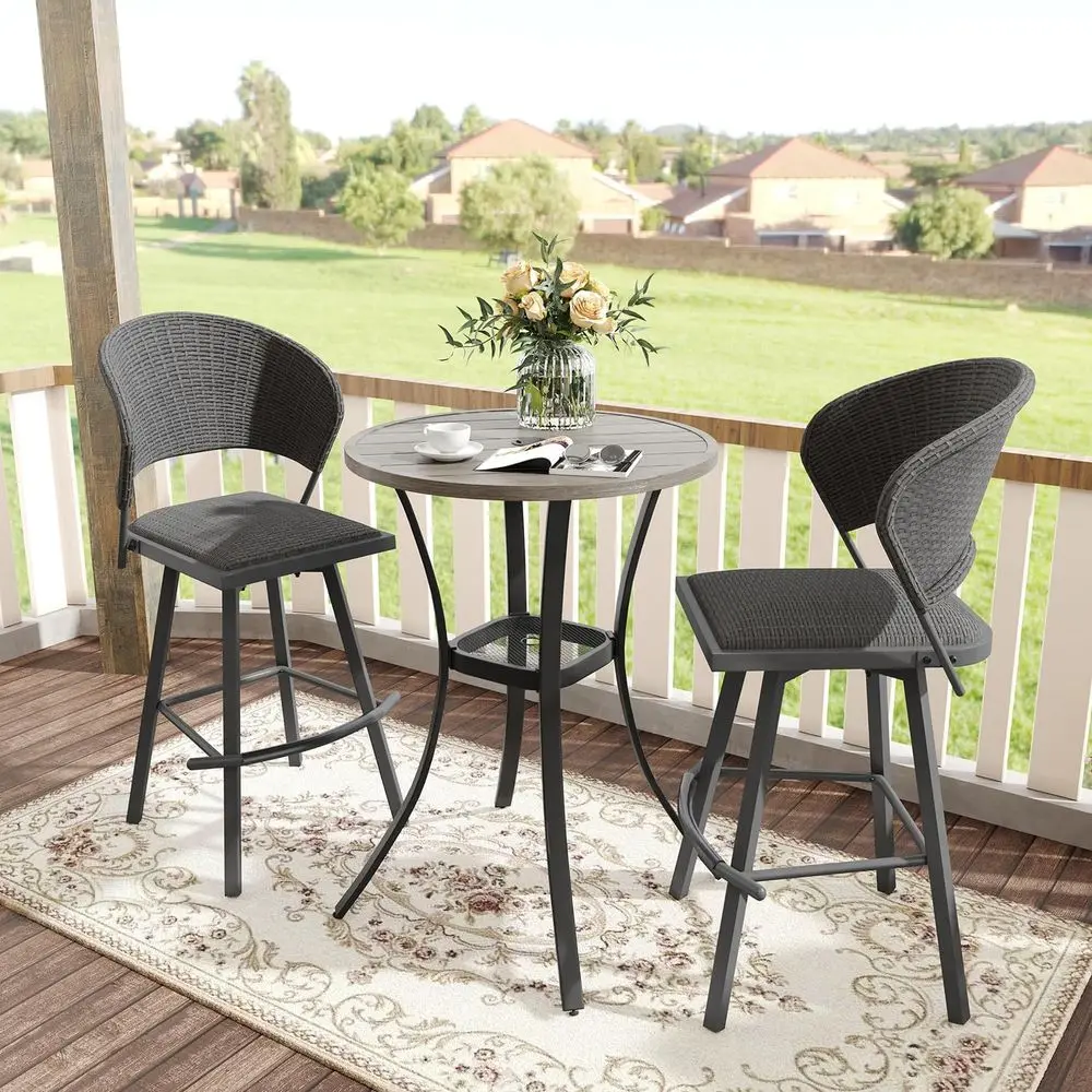 

2-Piece Outdoor Wicker Swivel Bar Stools with 28 Grey Metal Patio Table Set