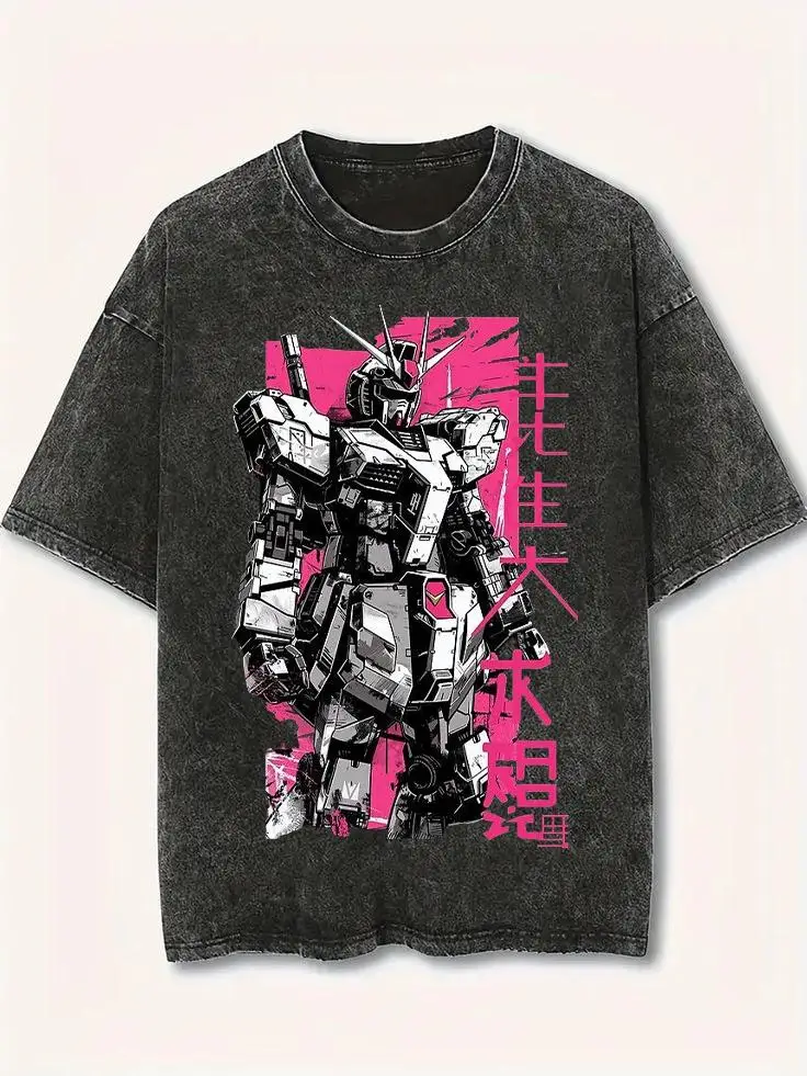 Gundam RX-78-2 T-Shirt Herren Vintage Acid Wash Pink Cyberpunk Mecha Streetwear Übergroßes Retro Mobile Suit Japanisches Grafik-T-Shirt