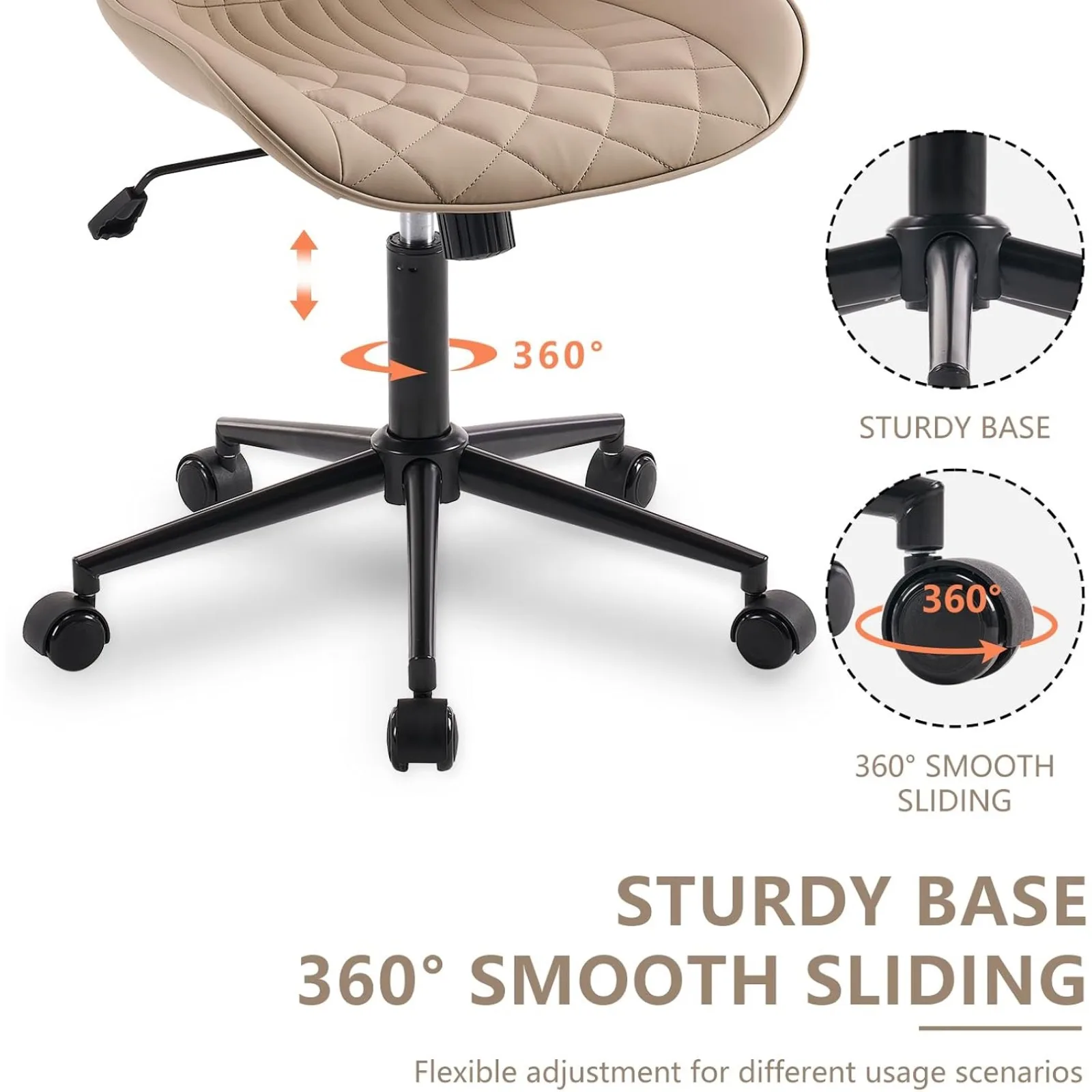 US สีกากี Ergonomic Home Office โต๊ะเก้าอี้ไม่มีแขน Comfy ขนาดเล็ก Criss Cross เก้าอี้ล้อหมุนปรับได้