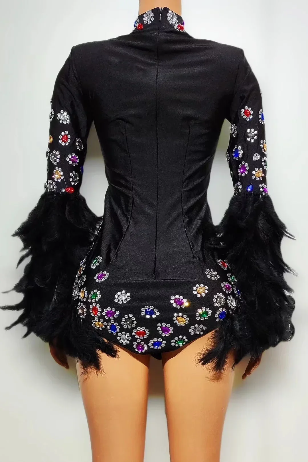 سويهوا-جمبسوت مثير بقصة ضيقة من الريش الزهري الكريستالي ، مضيف الحفلة ، ثياب بار للملهى الليلي ، ملابس رقص الأداء ، أسود ،