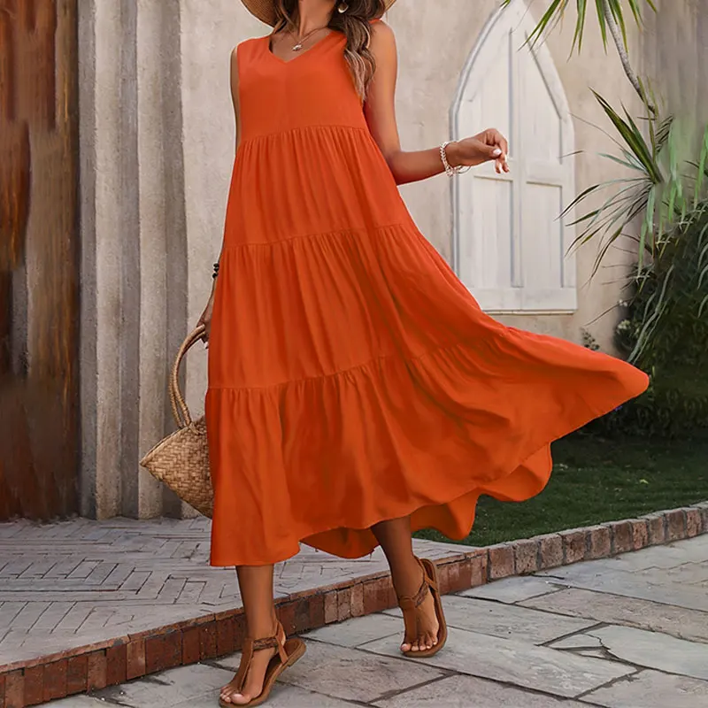 

Y.KUKU 2024 Women Dress Summer Casual Brand Vacation Holiday Beach Long Dresses V-neck Loose Elegant Yellow Dress Femme