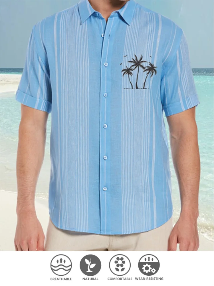 

Coconut tree printed cotton and linen breathable shirt men's top solid color long-sleeved lapel men's summer casual men's shirt