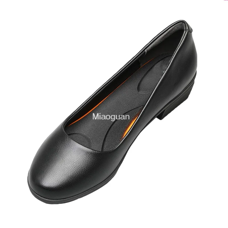 Black Leather PU Women\'s Work Shoes Pumps Thick Heel Round Head Shoes Soft Sole Professional Non-slip Hotel Work Autumn Footwear