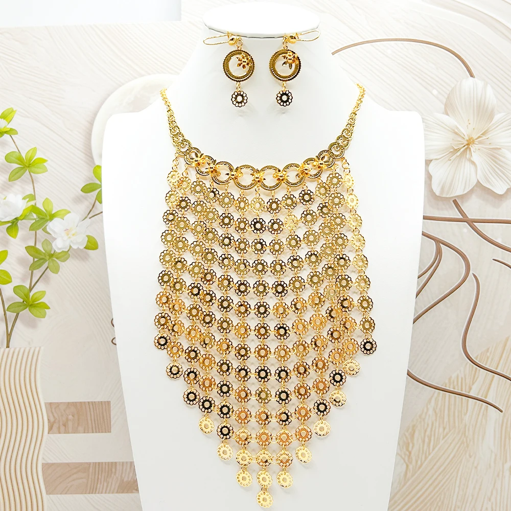 

Серьги-подвески и ожерелье золотистого цвета с круглым дизайном, свадебные украшения, модные комплекты для африканских женщин, для вечеринок