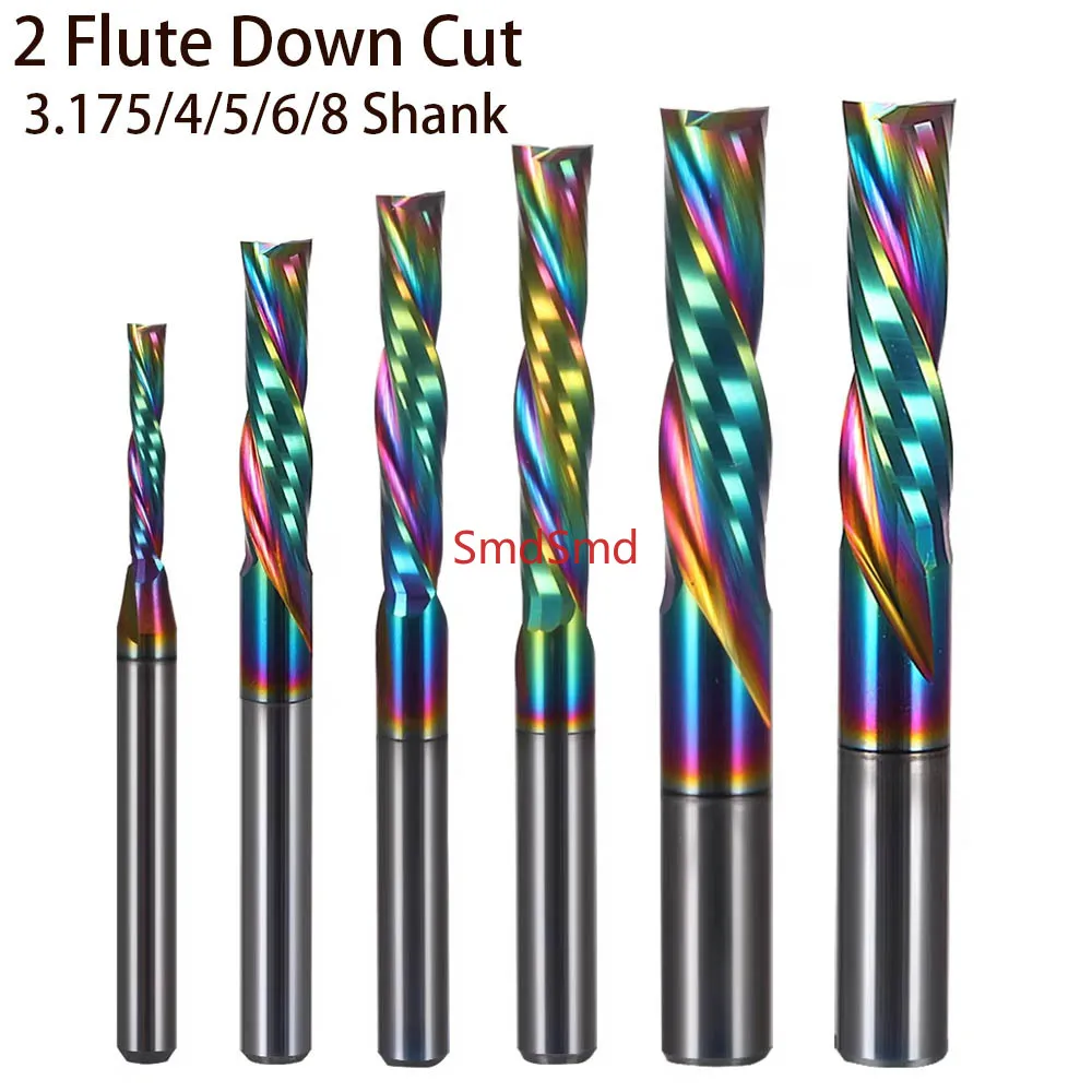 5Pcs 2.0/3.175/4/5/6/8mm DLC left handed two spiral flute End Mill, Down Cut Milling Cutter for Acrylic, plywood, MDF, PVC,Wood