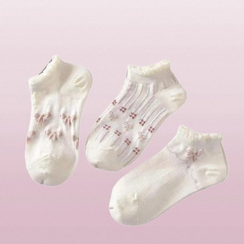 Calcetines finos de Lolita para mujer, medias náuticas de encaje blanco, con flores pequeñas, para primavera y verano, 5/10 pares