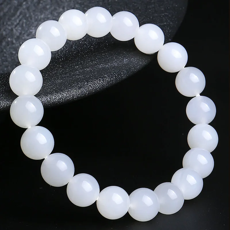 Hetian Men And Women, White Round Bead Single-Loop Bracelet, Fine Jade Quality