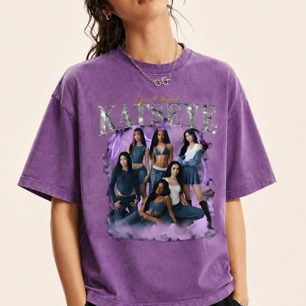 Classic Katseye Kpop Girl Group Oversized T Shirt 100% Cotton Vintage Washed T-shirt for Men Women