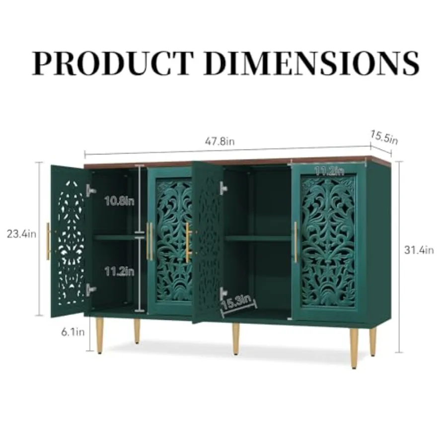 47.8 Vintage Accent Cabinet with 4 Hollow Carving Doors, Rustic Brown Finish, Handcrafted Detailing for Living Room or Entryway