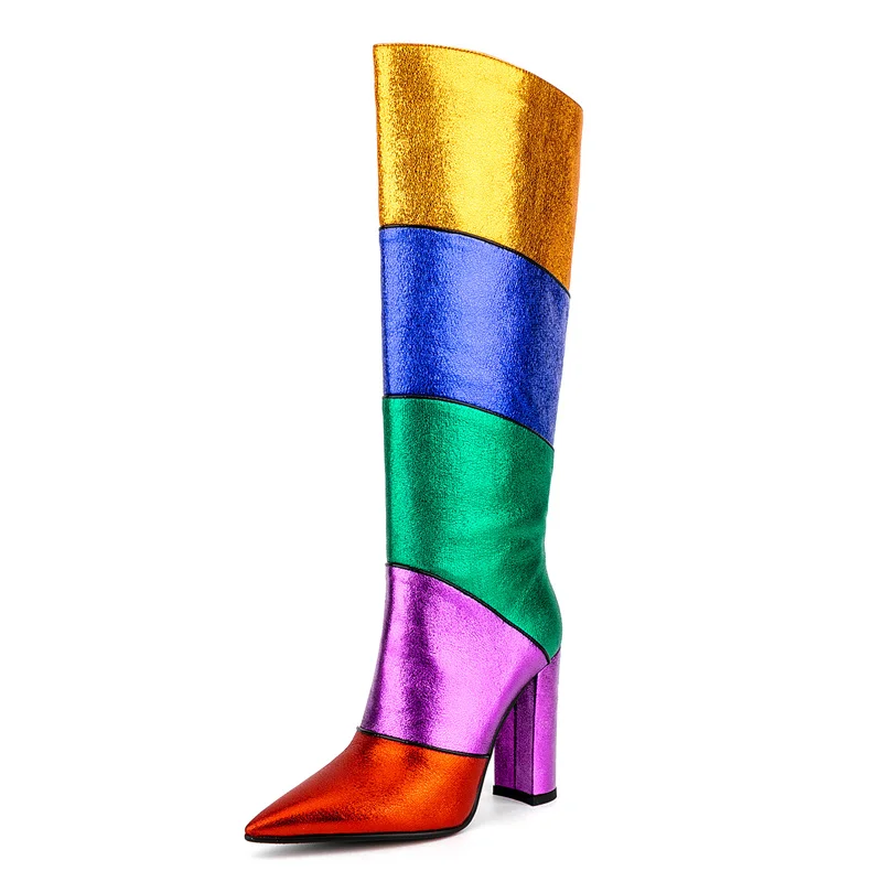 Chunky Heels Women\'s High Boots Novelty Fashion Pointed Toe High Heels Luxury Female Shoes Mixed Colors Slip-on Botas De Mujer
