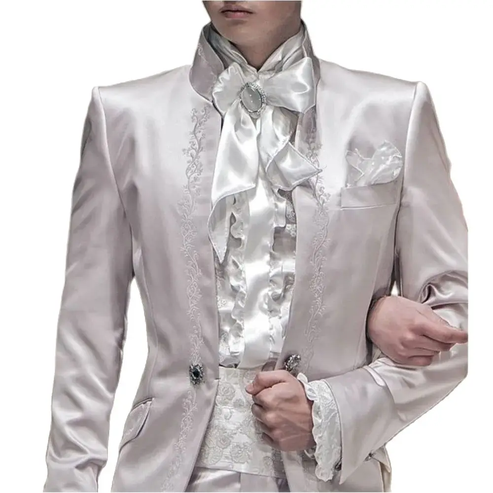 

Italian Ivory Embroidery Satin Men Suits 2 Pieces Tuxedos Formal Party Blazer With Pants Groom Wedding Prom Dress Daily Wear