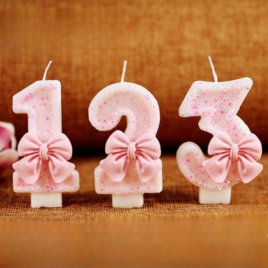Velas de cumpleaños con bonito lazo rosa, grandes 0-9 números, decoración de pasteles DIY, regalos para niña, Festival, vela para fiesta de boda, 1 ud.
