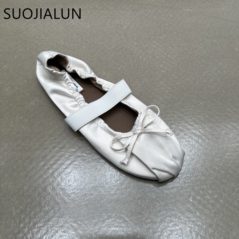 SUOJIALUN 2024 Autumn Women Flat Shoes Ladies Elegant Pleated Ladies Elegant Shallow Slip On Ballerinas Shoes Soft Flat Dress Bo