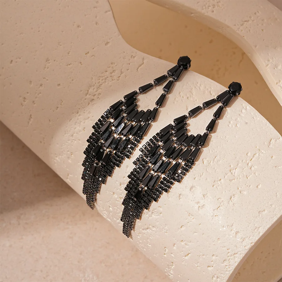 Black Rhinestone Long Tassel Drop Earrings for Women Shiny Full Crystal  Dangle Earring for Wedding Party Lady\'s Ear Jewelry