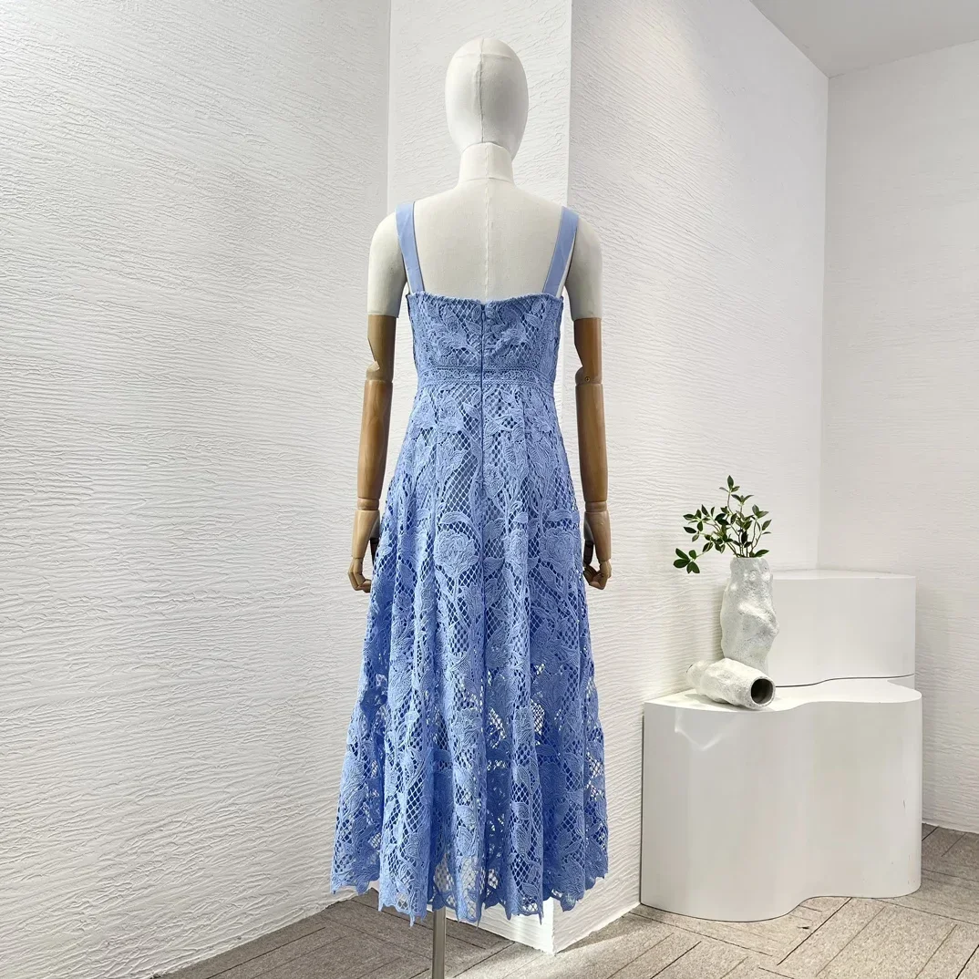 Elegant Women Midi Dress Blue/Orange Lace Patchwork Floral Sleeveless Backless Dresses Top Quality 2024 Summer