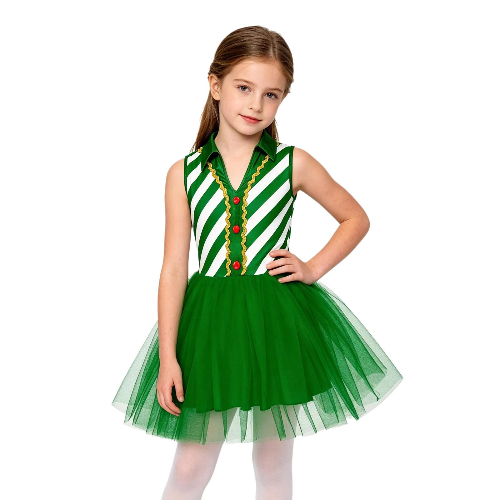Girls Christmas Candy Cane Ballet Dance Dress Lapel Sleeveless Striped Tulle Tutu Dress Holiday Xmas Party Performance Costume