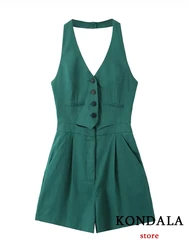 KONDALA New Chic Solid Dark Green Halter Women Jumpsuit Fashion 2023 Streetwear Slim Rompers V Neck Sleeveless Wide Leg Playsuit