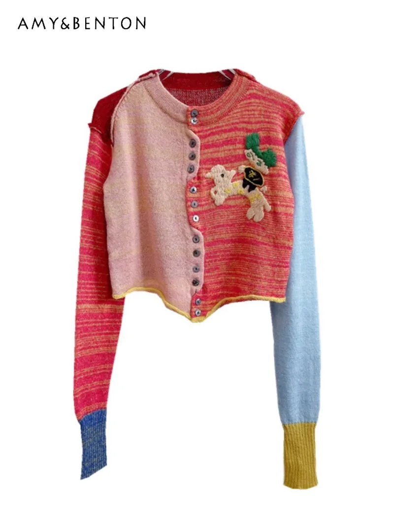 2024 Autumn New Children's Fun Knitted Cardigan Halloween Embroidered Little Doll Sweet and Cute Wind Splicing Coat For Woman