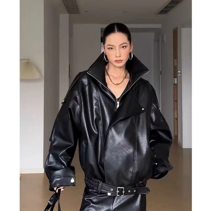 Chaqueta de piel sintética marrón Retro americana para mujer, abrigo de motociclista corto holgado y ajustado de otoño 2025