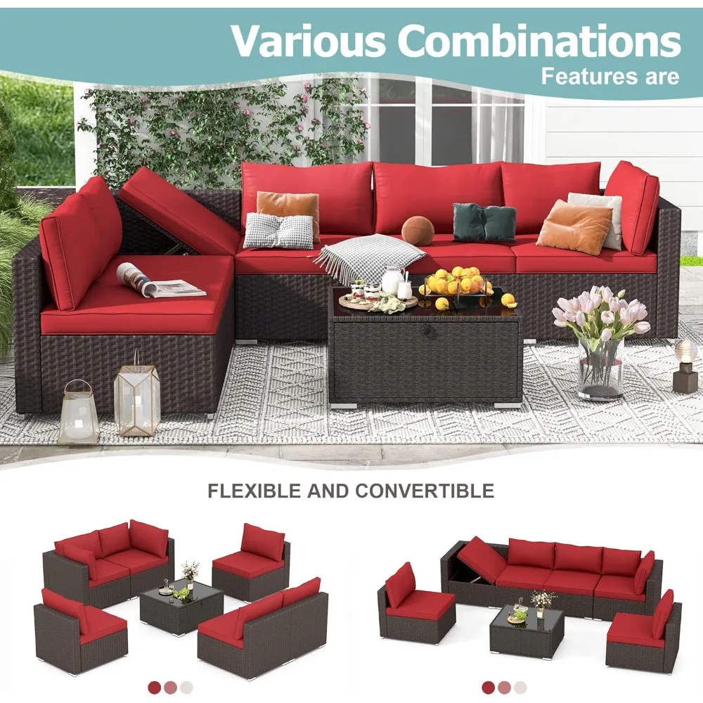 7 Piece Patio Furniture Set with Adjustable Bracket All-Weather Wicker Conversation Set with Coffee Table