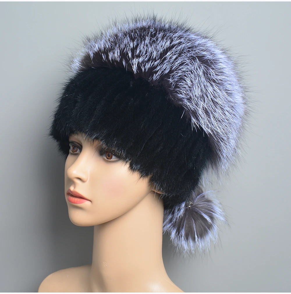 Luxury Womens Winter Knitted 100% Real Sable Fur hat Fur Beanie Russian Mink Fur Cap With Fox Fur Pom Poms Female Warm Thick