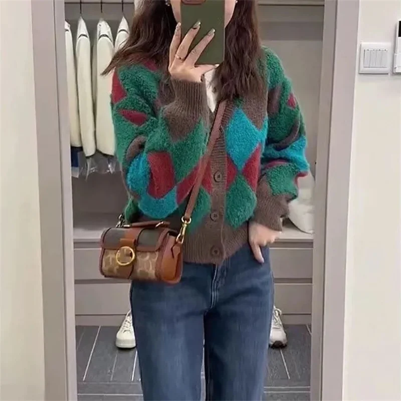 

Korean Retro Fashion Diamond Grid Color Blocked Knitted Cardigan For 2026 Spring Autumn New Loose Lazy Style Sweater For Women