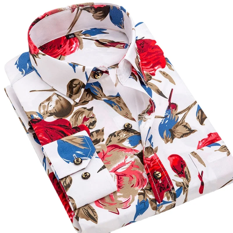 Print Men\'s Spring Autumn Long Sleeve Shirts Printed for Young and Middle-aged Men Slim Fit Smart Casual Shirt Blue Purple Red