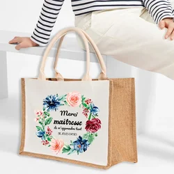 Merci Maitresse Print Burlap Tote Bags Fashion Women Shopping Bag Beach Bag for Women Handbag Bags Storage Teacher Life Gift