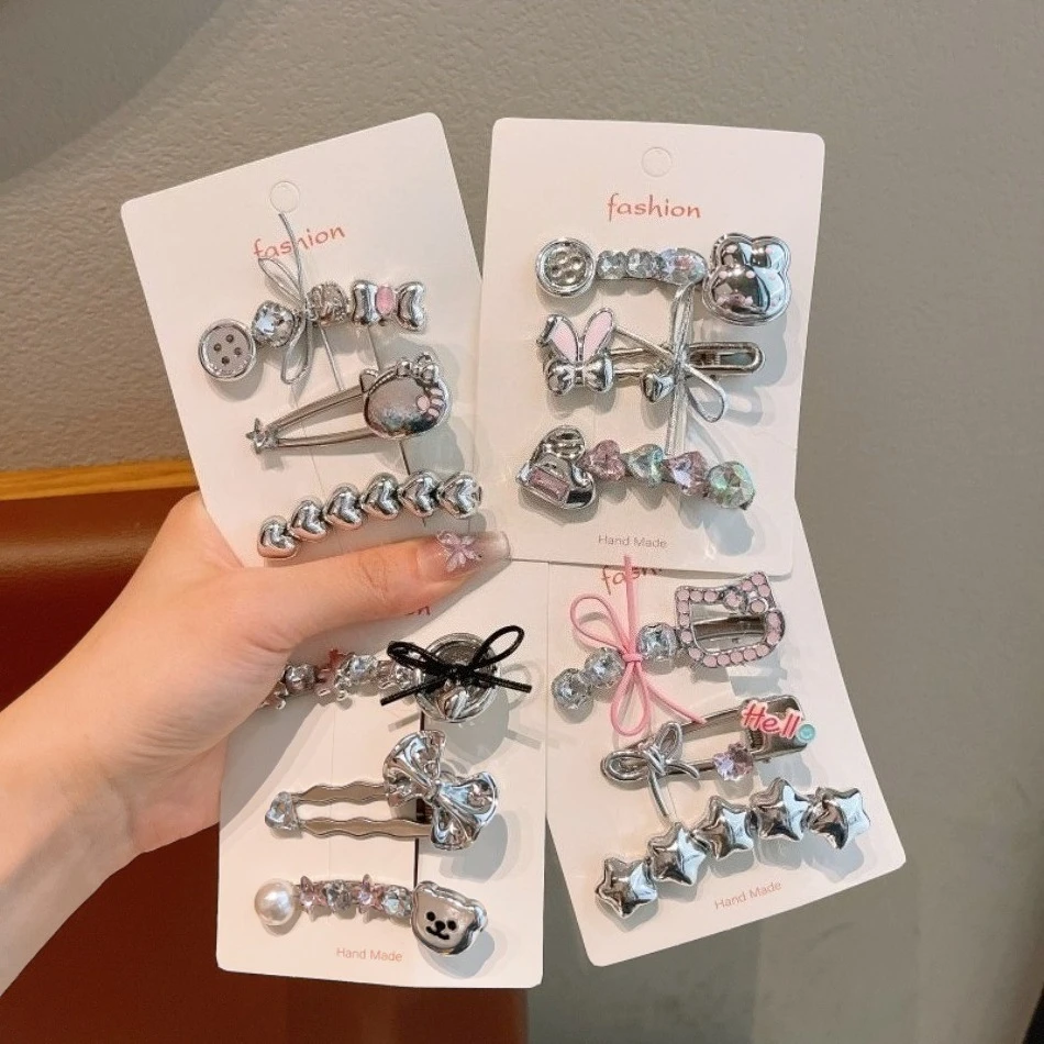 3PCS Children's Hairpin Silver Bow Star Hollow Duck Bill Clip Kids Bangs Side Clip Girl Love Side Clip Children Headdress ZX07