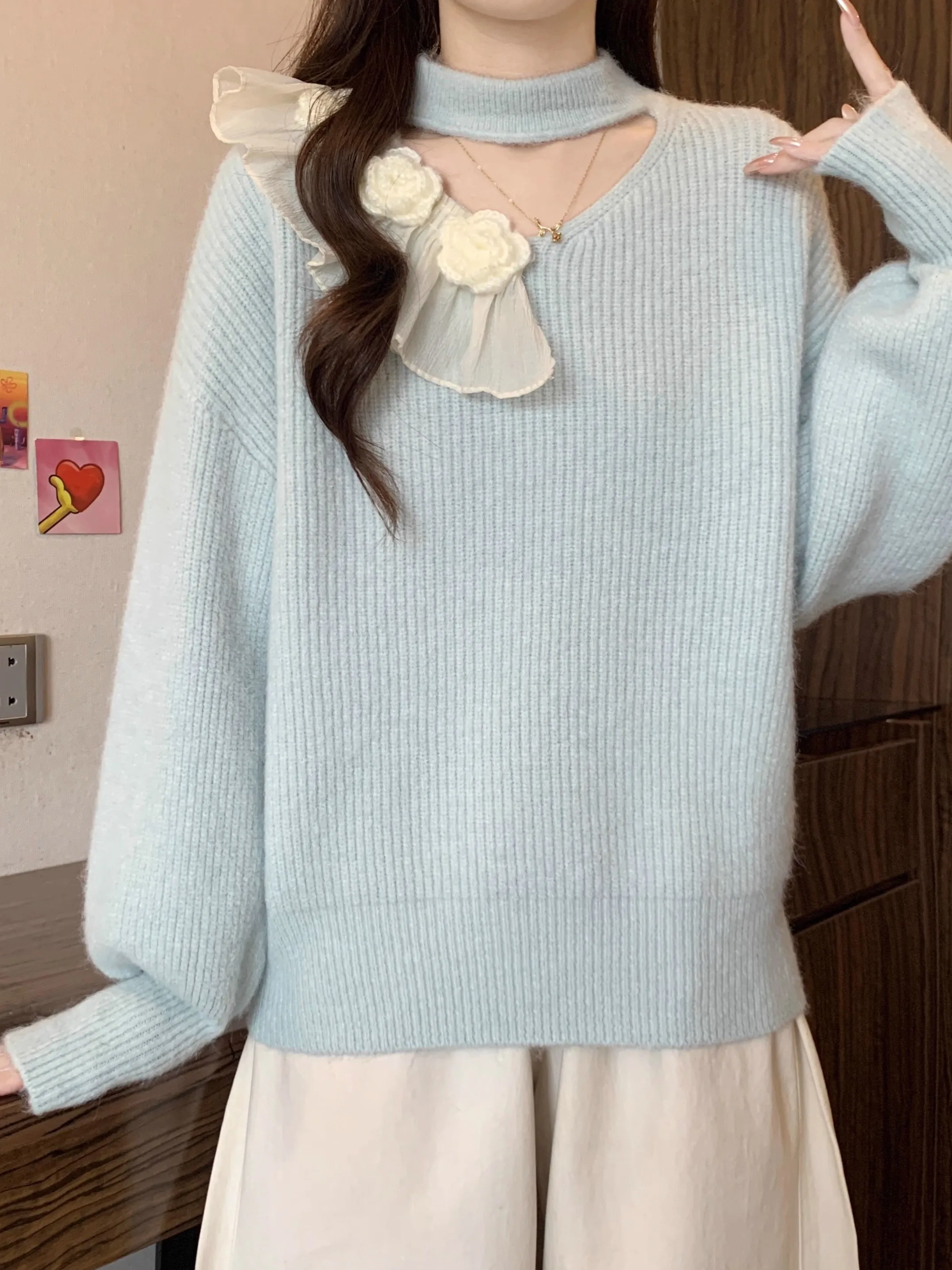 Blue Knitted Hollow out Sweater Women's Autumn Winter plus Size Fluffy Warm Floral 3D Aosphere Sense Slimming Top Trendy